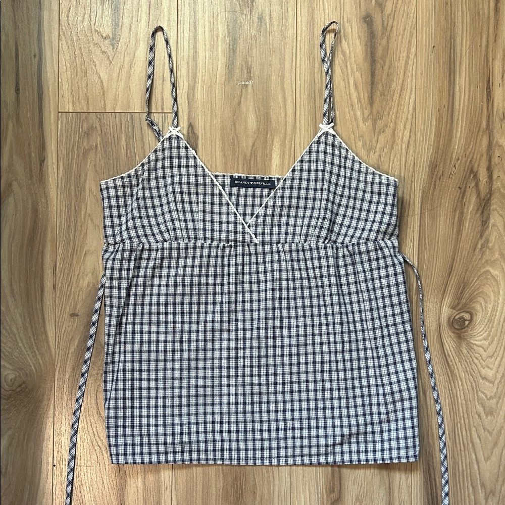 Brandy Melville Navy and White Gingham V-Neck Spaghetti Strap Tank with tie back